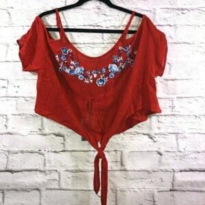 Polly & Esther Women's Juniors Embroidered Top Cold Shoulder Red Size Medium